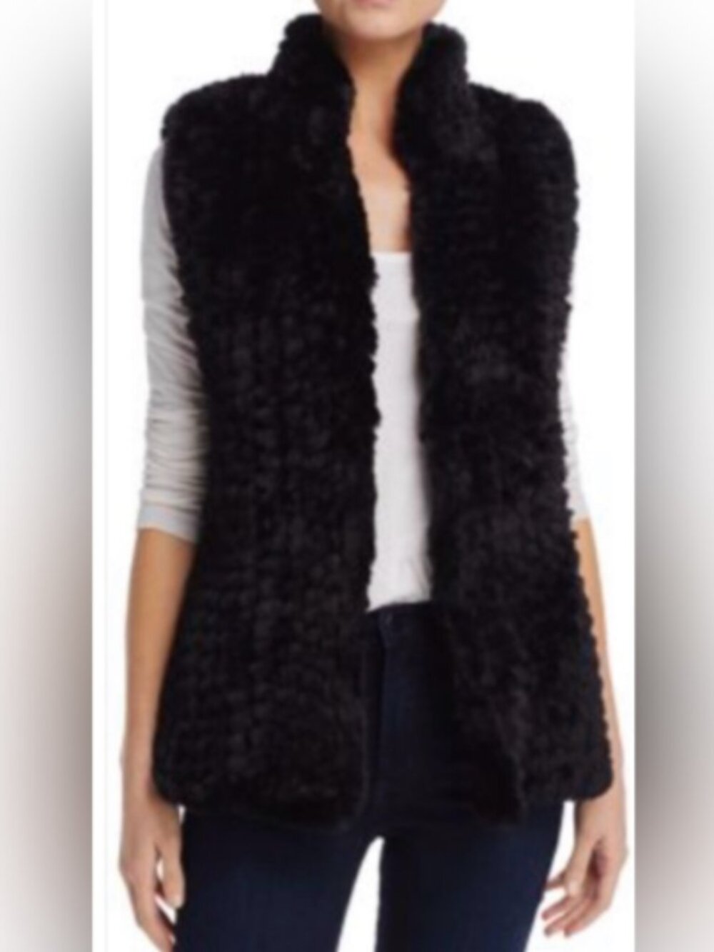 AQUA Black Faux Fur Vest - Plush Open Front Bloomingdales Open Knit Lagenlook M